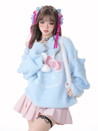 Young Eyes Sweet Kitty Cat Cartoon Pink Blue Fuzzy Hoodie Sweater