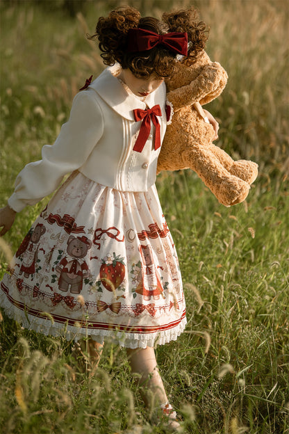 Lolita Teddy Bear Christmas Festive Red White Winter Jacket & Strap Dress Two Piece Set