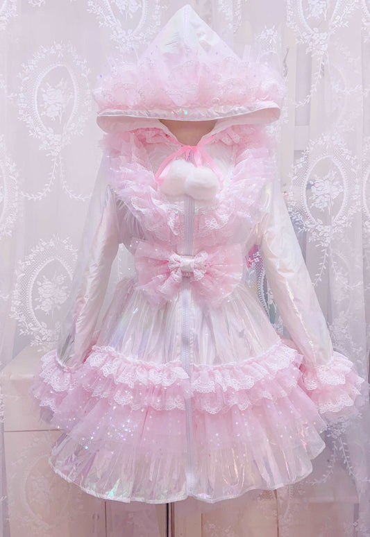 Candy Fairy Winter Sparkling Princess Rainbow Pink Ruffled Hooded Jacket Dress