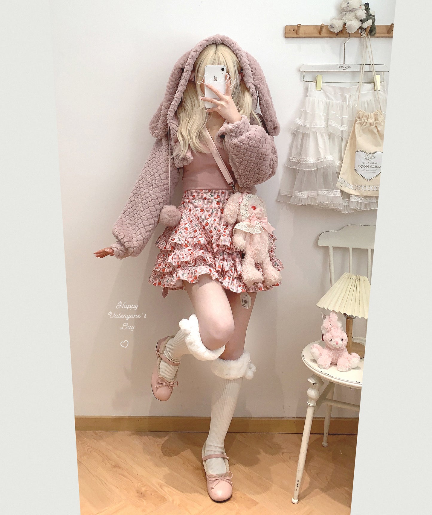 Dormir Doll Winter Pink Rabbit Ears & Brown Bear Ears Hoodie Short Jacket