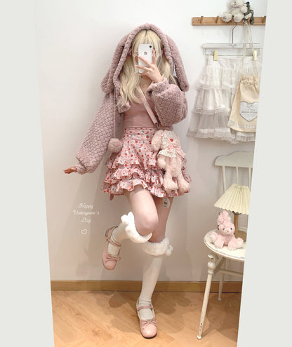 Dormir Doll Winter Pink Rabbit Ears & Brown Bear Ears Hoodie Short Jacket