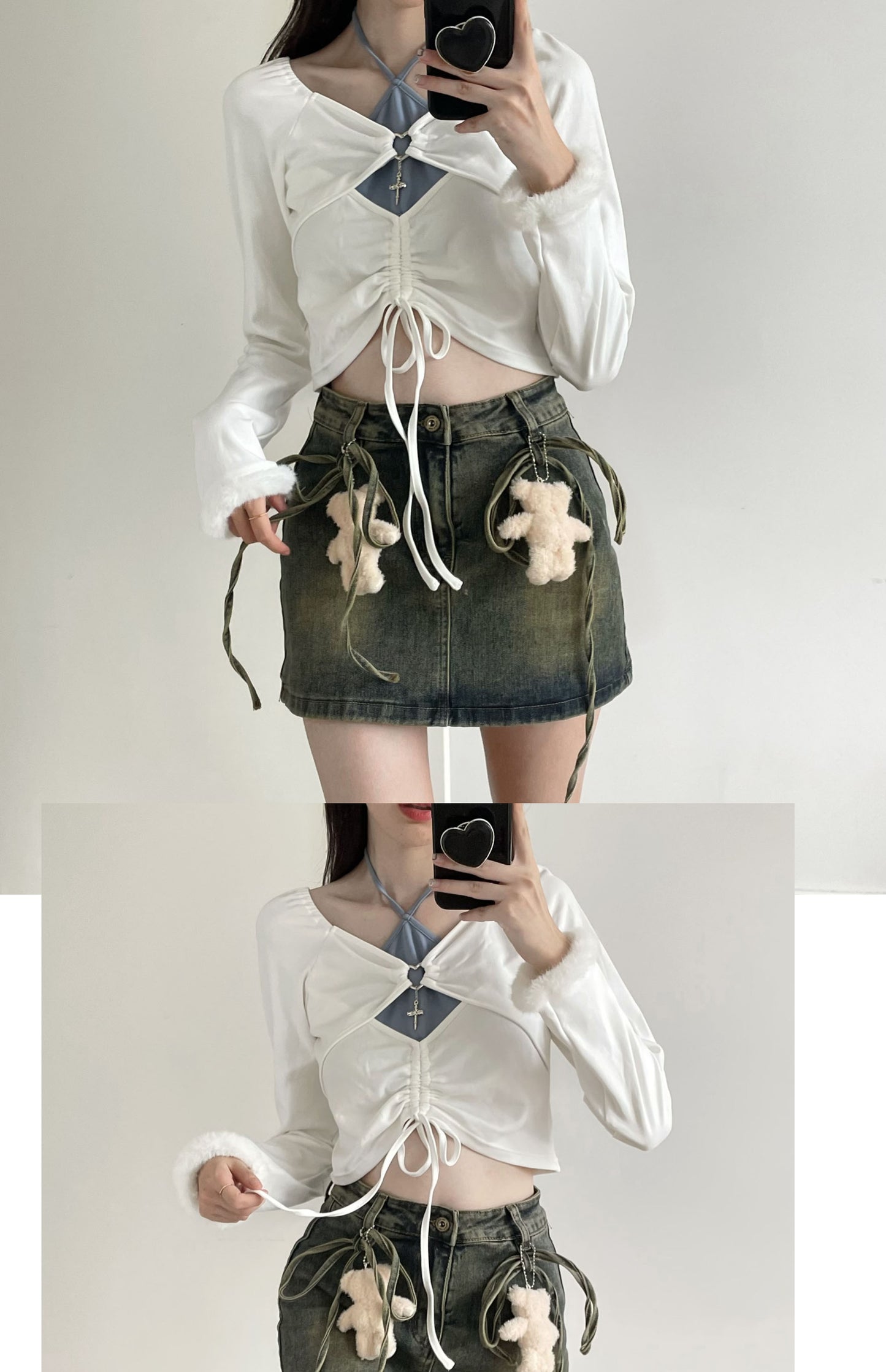 Teddy Bear Doll Grunge Y2K Dirty Wash Denim Short Skirt