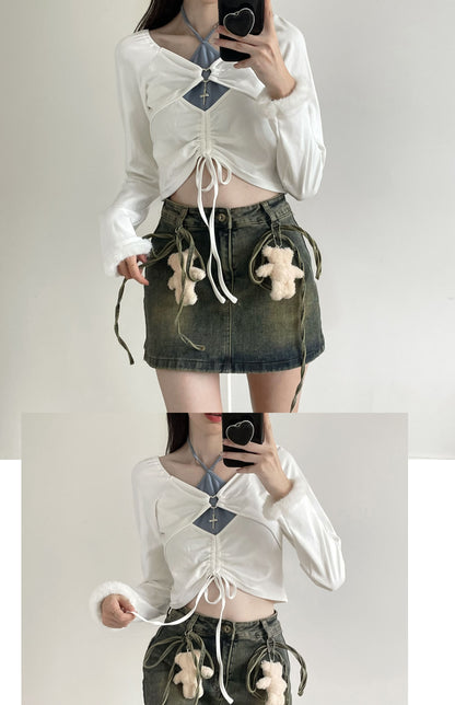 Teddy Bear Doll Grunge Y2K Dirty Wash Denim Short Skirt