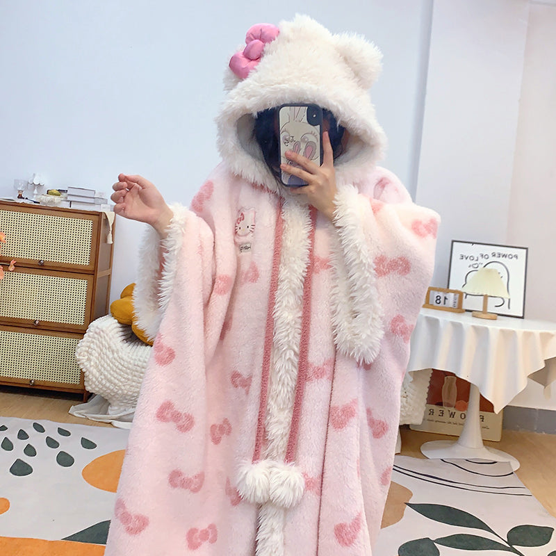 Kawaii Kitty Bow White Pink Winter Pajamas Hooded Bathrobe & Pants Two Piece