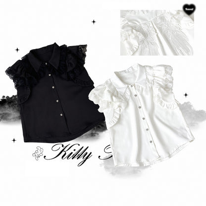 Kitten Bullet Angel Wings Black White Shirt Top