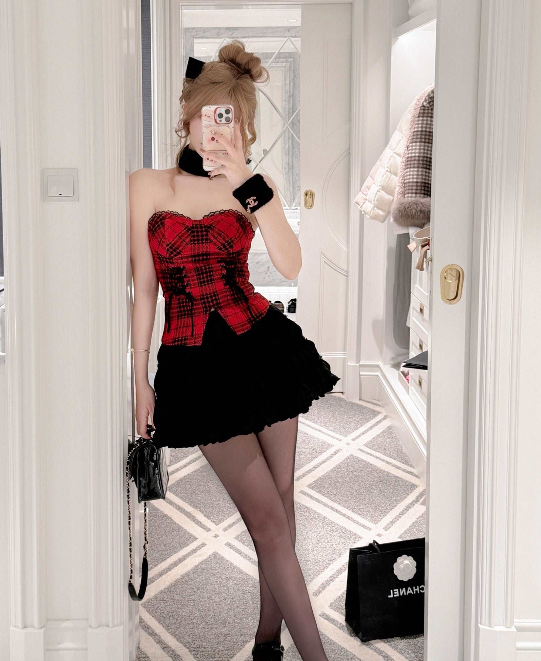 Creamy Sweet Chic Holiday Plaid Red Tube Top & Black Tutu Skirt & Jacket Three Piece Set