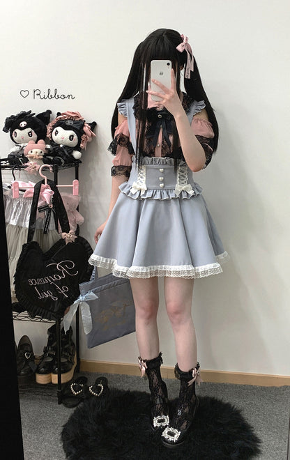 Kitten Bullet Jirai Kei Doll Mode Lace Pink Black Blue Suspender Skirt