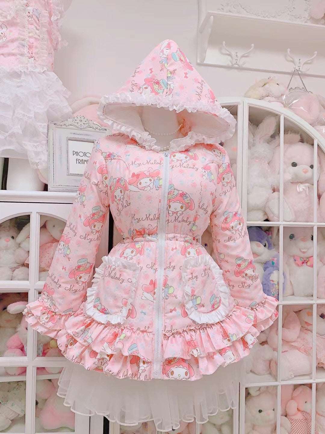 Candy Fairy Sweet Melody Pink Princess Lace Hooded Winter Padded Puffer Jacket Coat Dress