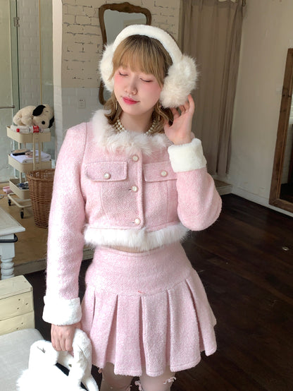 Picnic Girl Regal Peach Pink Fur Collar Coat Jacket Skirt Two Piece Set