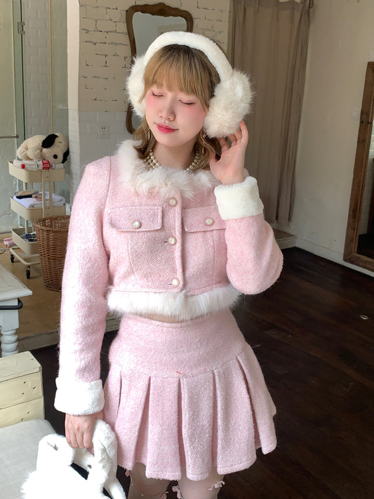 Picnic Girl Regal Peach Pink Fur Collar Coat Jacket Skirt Two Piece Set