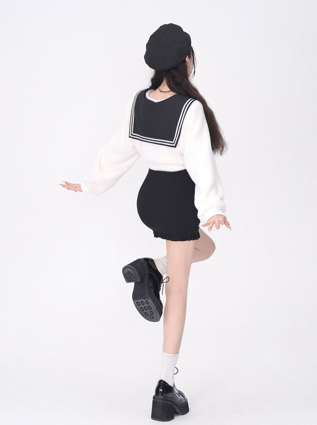 Young Eyes Black Bondycon Spaghetti Strap Dress & Plush White Sailor Collar Jacket Two Piece Set