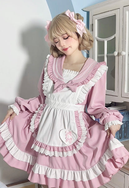 Serendipity Lolita Cosplay Blue & Pink Lace Ruffled Apron Maid Dress