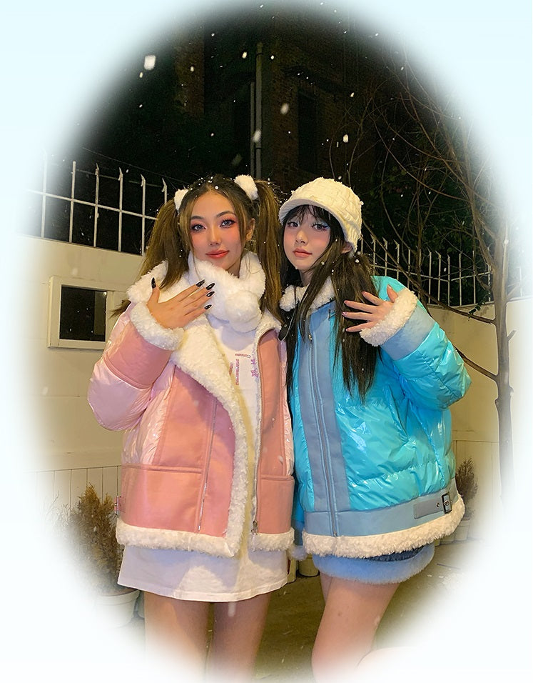 Y2K White Plush Devil Wings Pink Winter Jacket