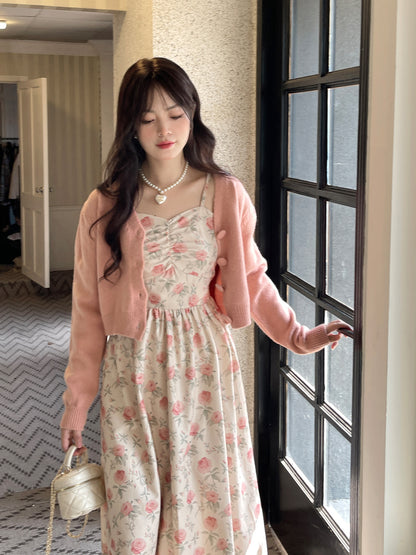 Ruellia Spring Rose Floral Strap Dress & Pink Cardigan Two Piece Set