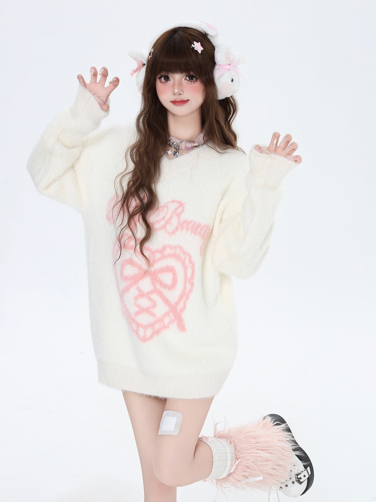 Crazy Girl Sweet Beauty Pink White Black Mohair Sweater