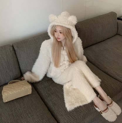 White Cute Bear Ears Hooded Wool Plush Jacket Coat Skirt Two Piece Set