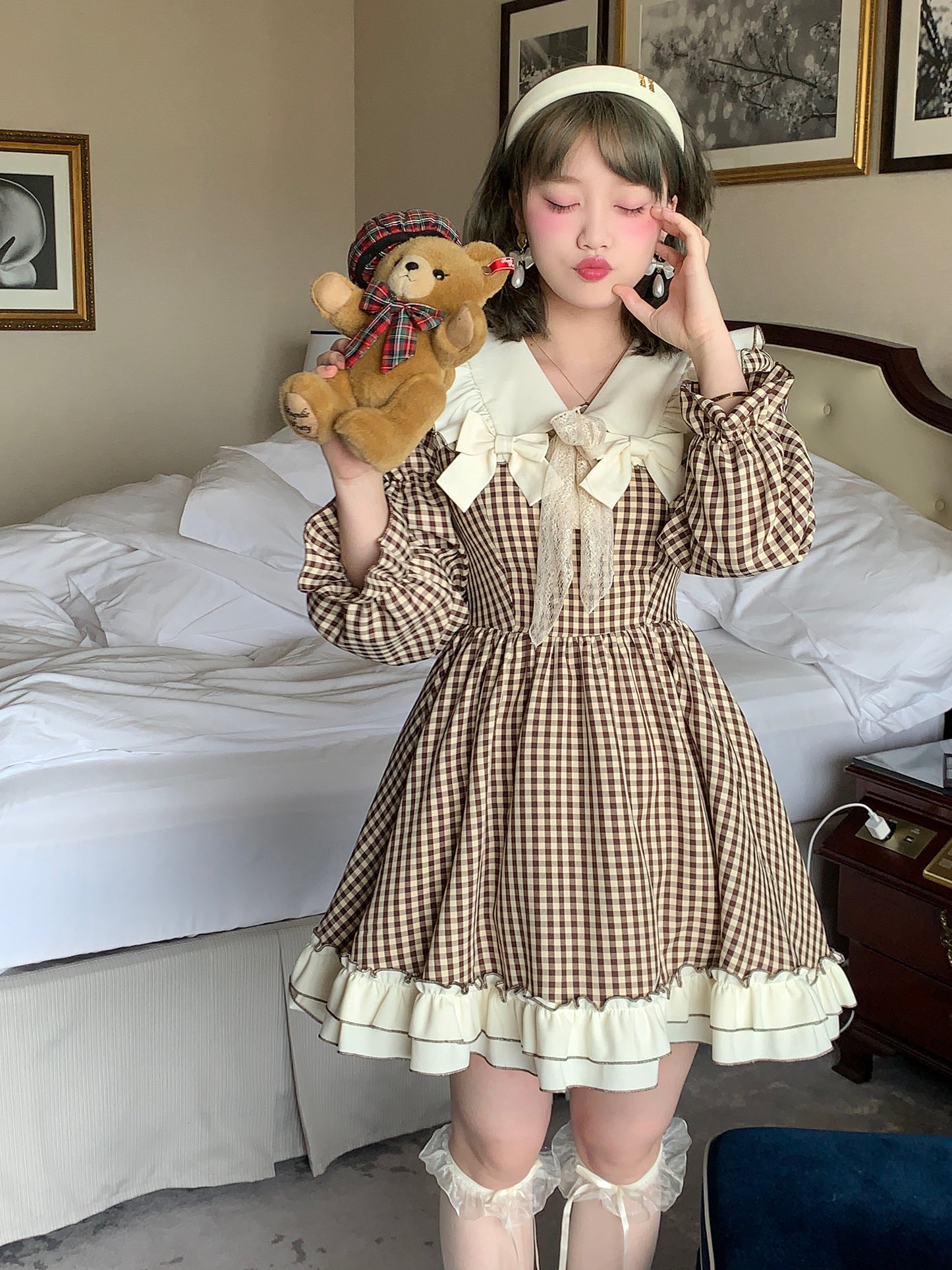 Picnic Girl Fall Brown Plaid Sailor Collar Academia Long Sleeve Ruffled Dress