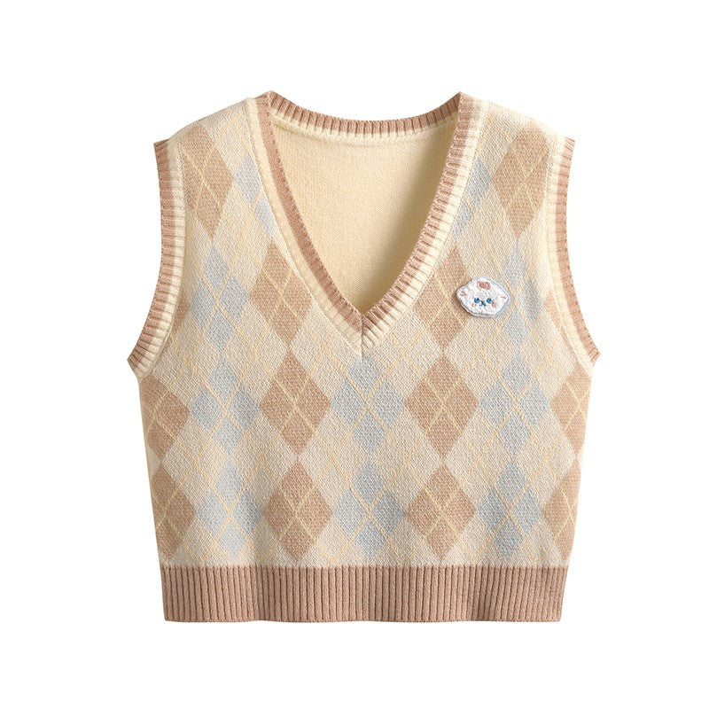 Little Lamb Sheep Agryle Pink Brown Fall Autumn Girl Knit Vest