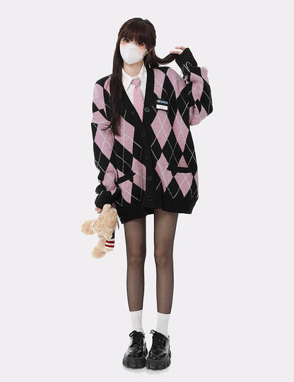 Monet Strawberry Toffee Pink Black Argyle Cute Fall Winter Cardigan