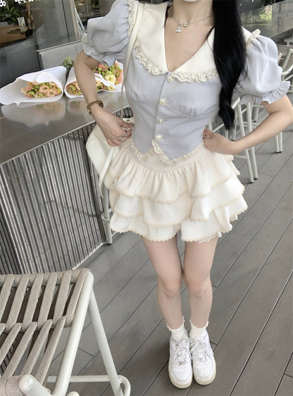 Lazy Girl Coquette Blue Puff Sleeve Shirt Blouse & Ruffled White Mini Skirt Two Piece Set