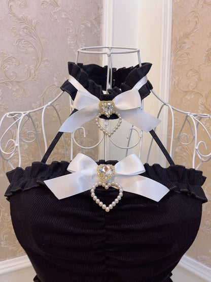 Sweetheart Princess Black & White Brooch Bow Bandeau Top