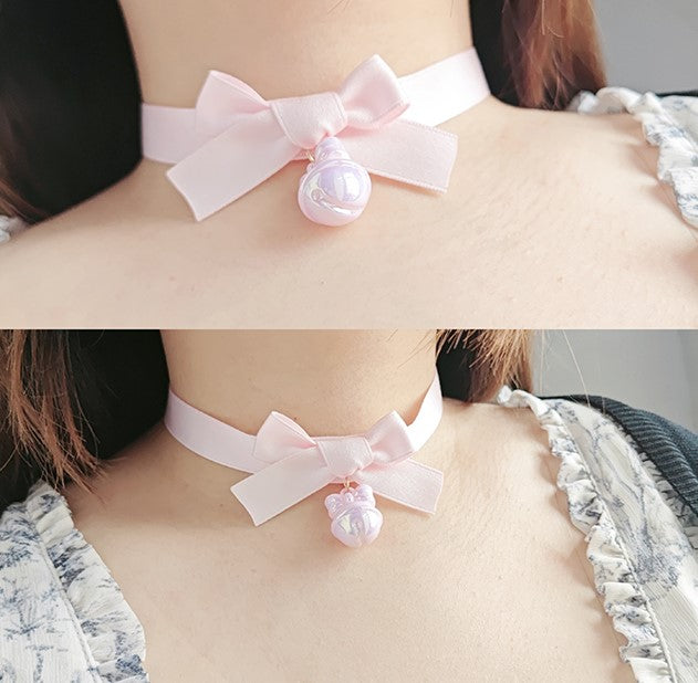 Lolita EGL White Plush Pink Bow Cat Neko Bell Collar Necklaces Choker