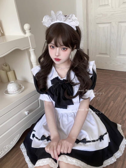 Serendipity Sweet Love Black Pink Bow Cosplay Maid Dress