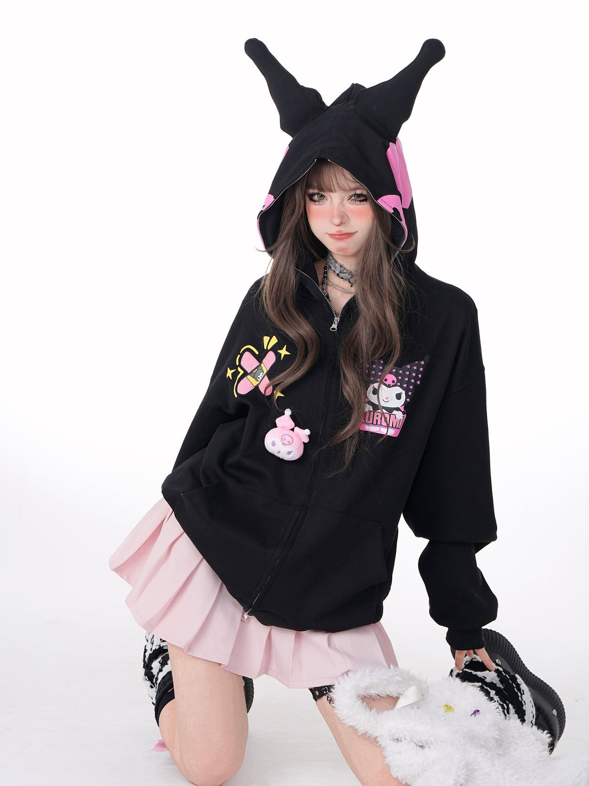 Young Eyes Purple Devil Cartoon Black Pink Alien Ears Oversize Hoodie