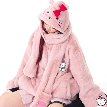 Young Eyes Kitty Cartoon Fall Winter Detachable Hat Plush Jacket