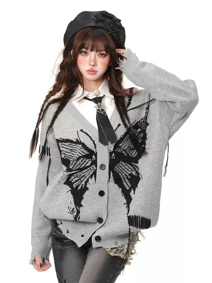 Young Eyes Art Student Butterfly Pink Black Gray Knit Cardigan