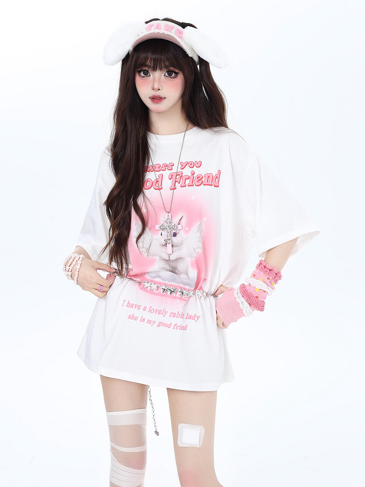 Crazy Girl Miss You Good Friend Angel Rabbit White Black T Shirt Top