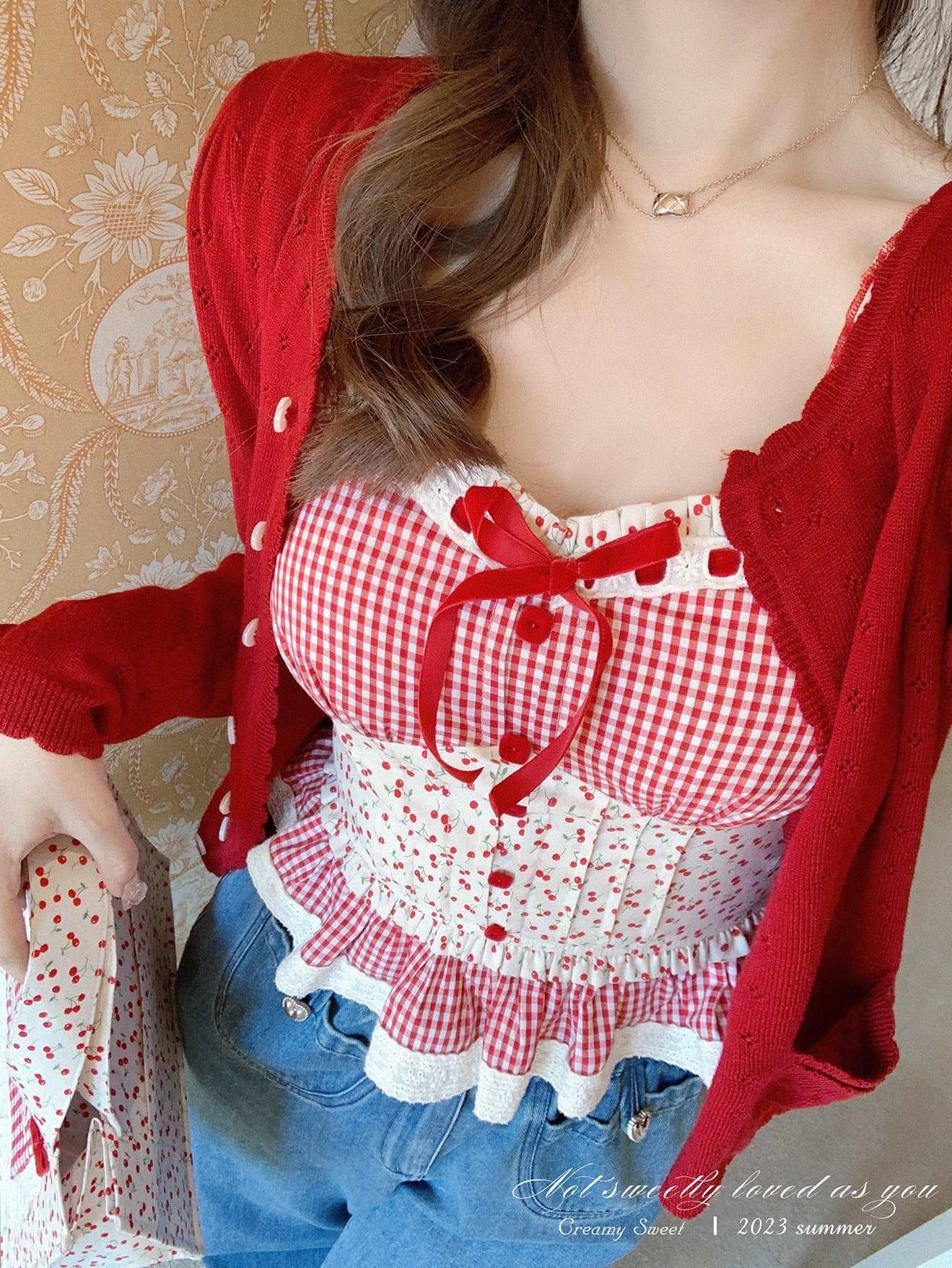 Creamy Sweet Little Cherry Summer Floral Camisole & Red Knit Cardigan Two Piece Set