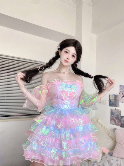 Candy Fairy Pastel Rainbow Gradient Mermaid Sparkling Ruffled Layered Dress