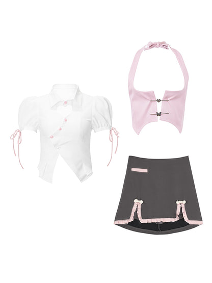 Serendipity Chinese Restaurant Waitress Pink Vest & White Shirt & Gray Mini Skirt Three Piece Set