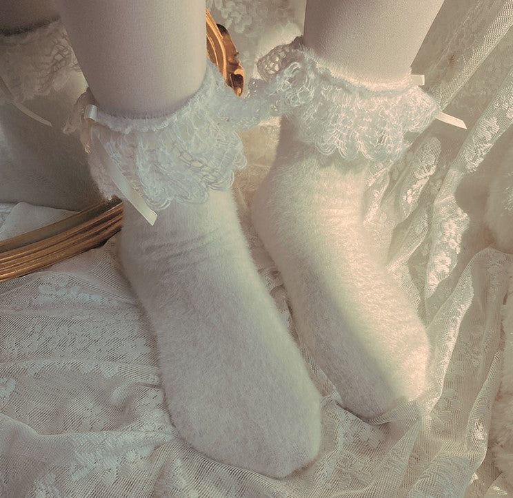 Winter Elegant Warm Wool Lace Plush Lolita White Black Fuzzy Socks