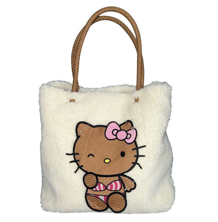 Black Brown Skin Kitty Plush Fluff Removeable Pin DIY Tote Bag