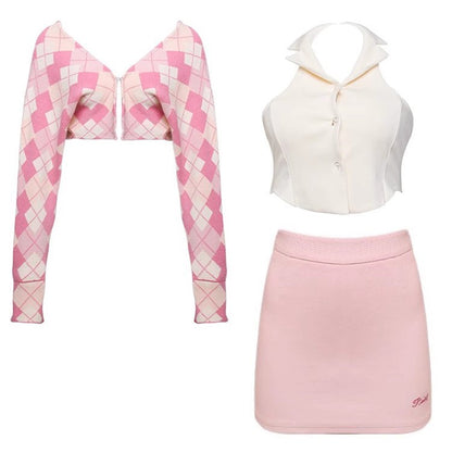 Serendipity Autumn Pink Argyle Jacket & Cream Halter Neck Top & Mini Skirt Three Piece Set