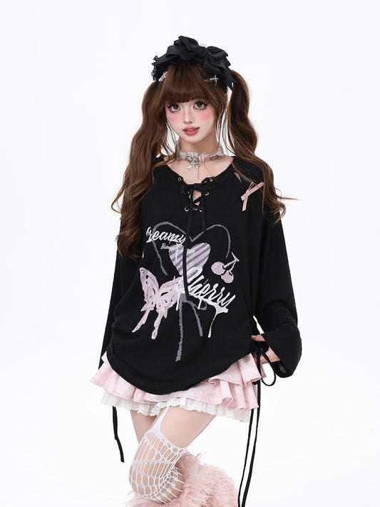 Crazy Girl Cherry Butterfly Black Oversize Long Sleeve Top