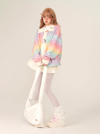 Young Eyes Spring Autumn Dinosaur Polo Neck Rainbow Cardigan Sweater