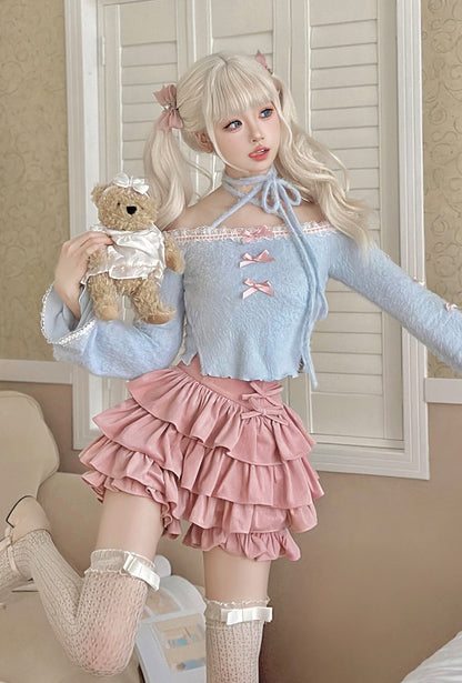 Serendipity Coquette Sweet Bow Blue Sweater & Pink Ruffled Skirt Two Piece Set