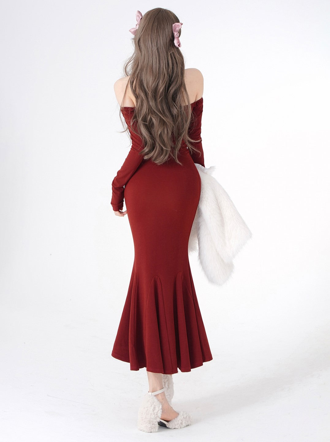 Young Eyes Christmas Holiday Festive Winter Sexy Red Burgundy Halter Neck Bodycon Midi Dress