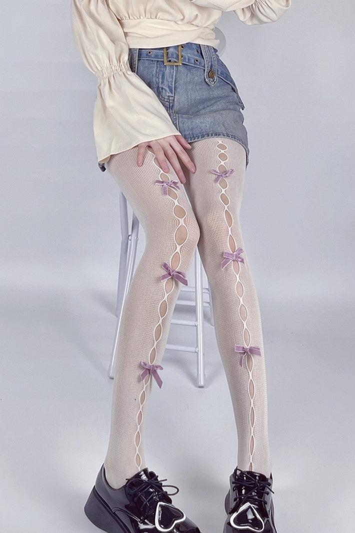 Lolita Bow Lace Hollow White Pink Red Purple Black Tights Stockings