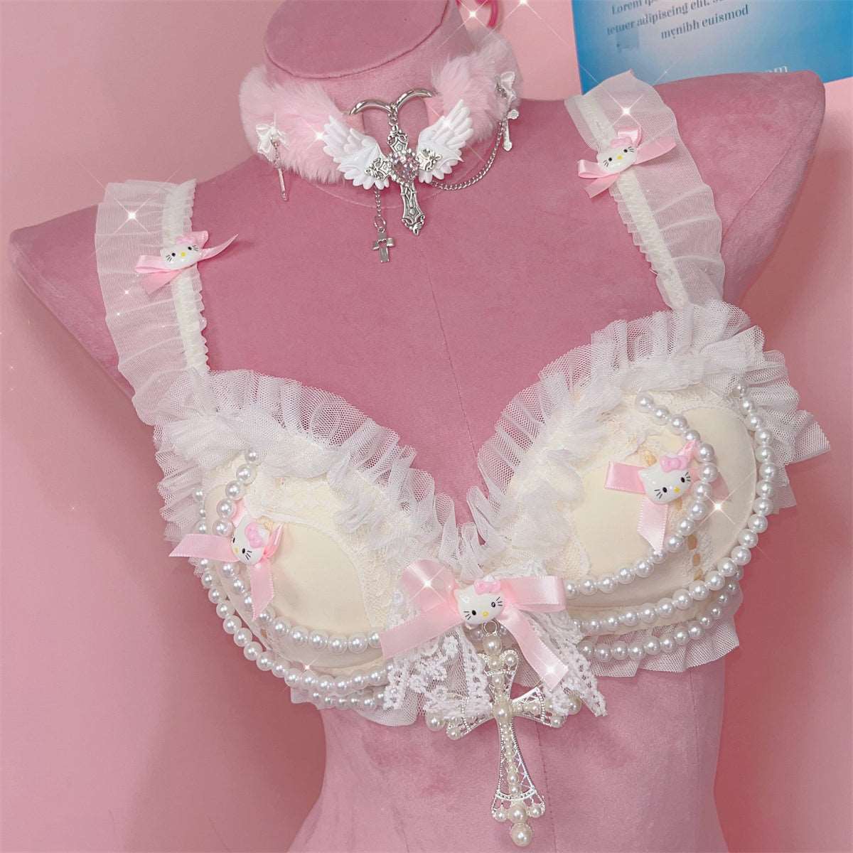 Coquette Sexy Y2K Bow Kitty Lace Pearl Pink Cream Bra Lingerie