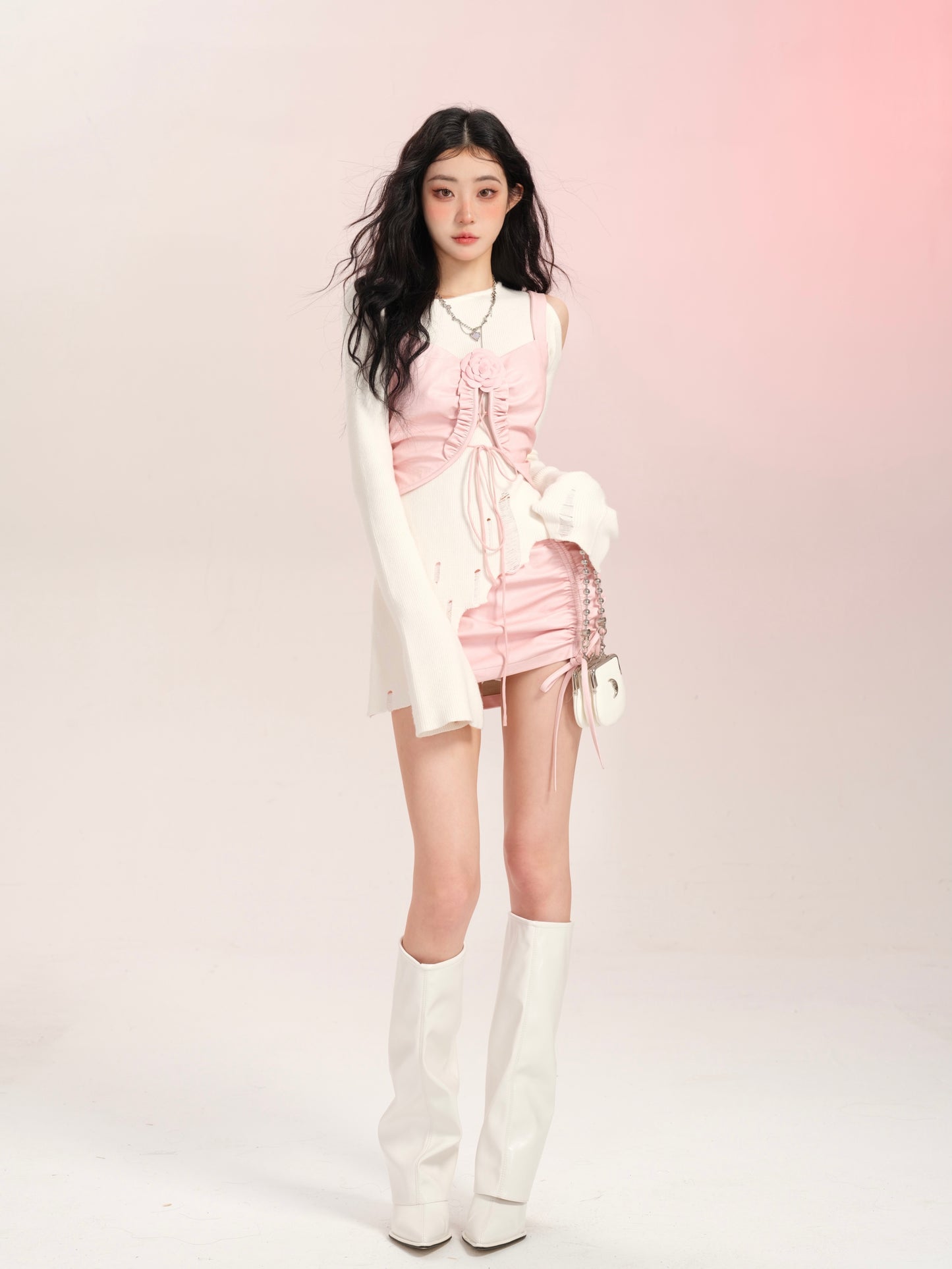 Lucia Lady Sweet Rose Autumn White Sweater & Pink Camisole Vest & Skirt Three Piece Set