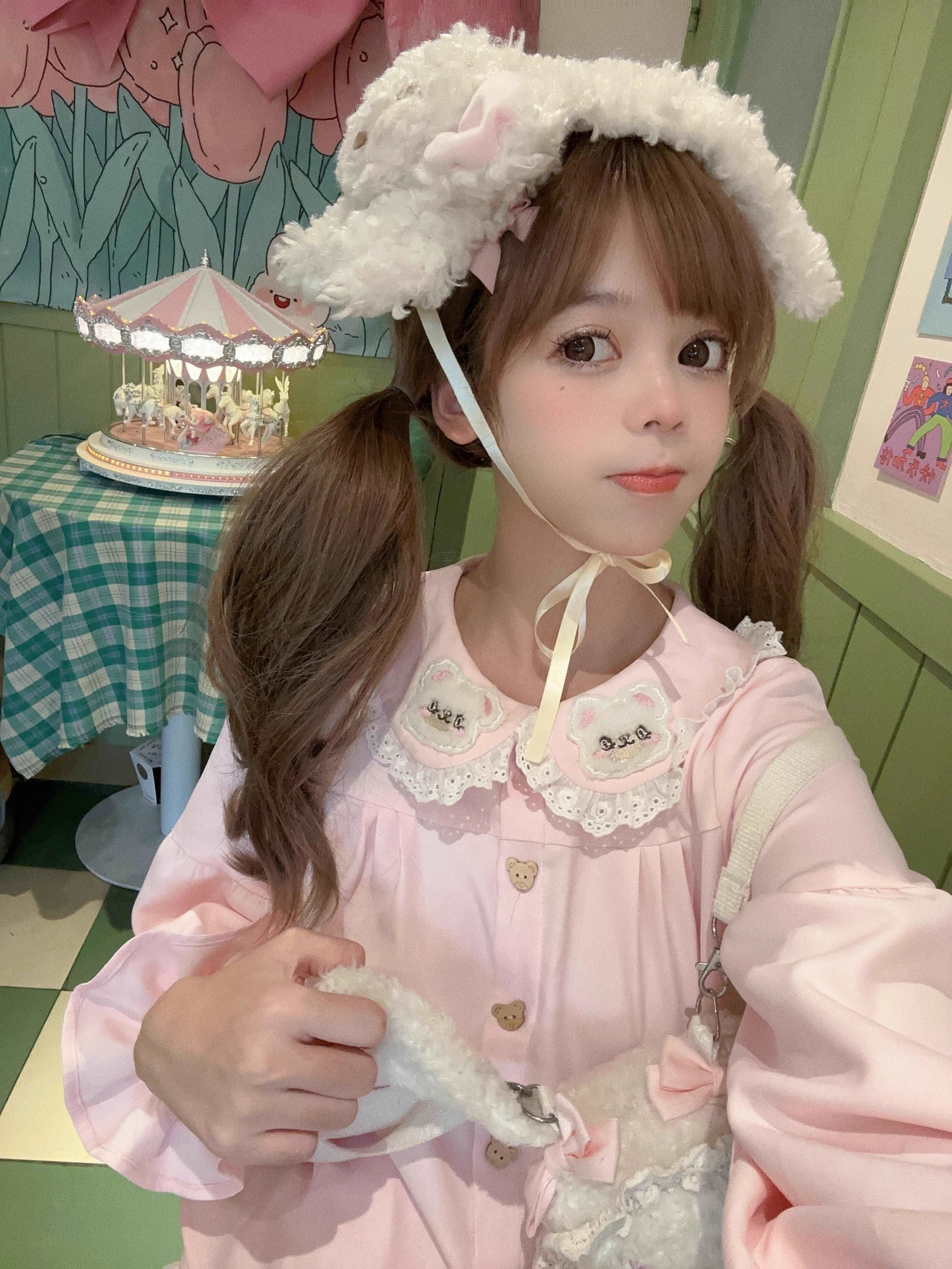 Bear Embroidery Lace Cotton Doll Collar Pink Shirt Blouse