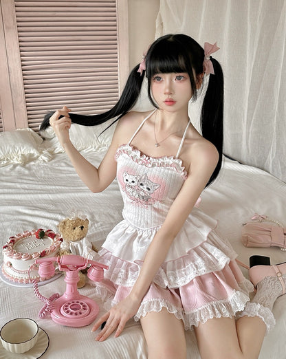 Serendipity Coquette Love Song Cat Camisole & Pink Cardigan & Ruffled Skirt Three Piece Set