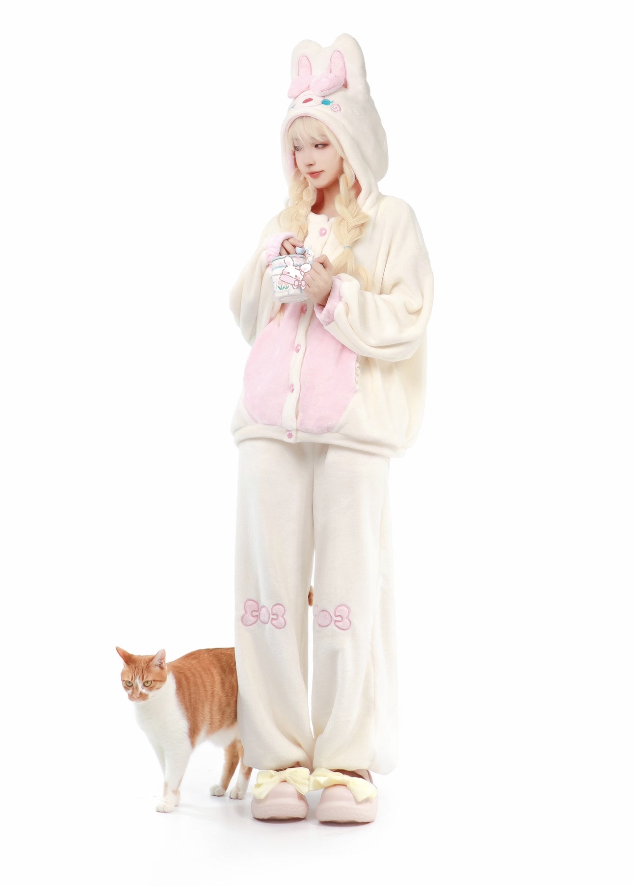 Maiden Park Rabbit Ears White Brown Coral Fleece Winter Pajamas Hooded Tops & Pants Two Piece