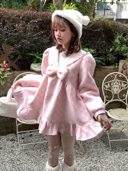 Picnic Girl Winter Pink Plaid Sailor Collar Bow Sweet Pink Babydoll Dress