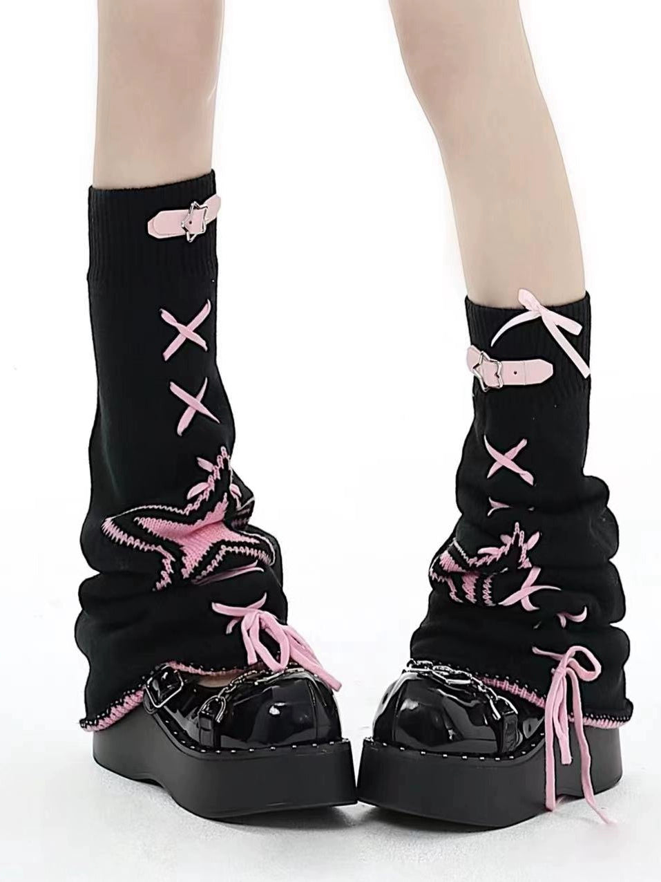 Crazy Girl Star Y2K Pink Black White Knit Leg Warmers