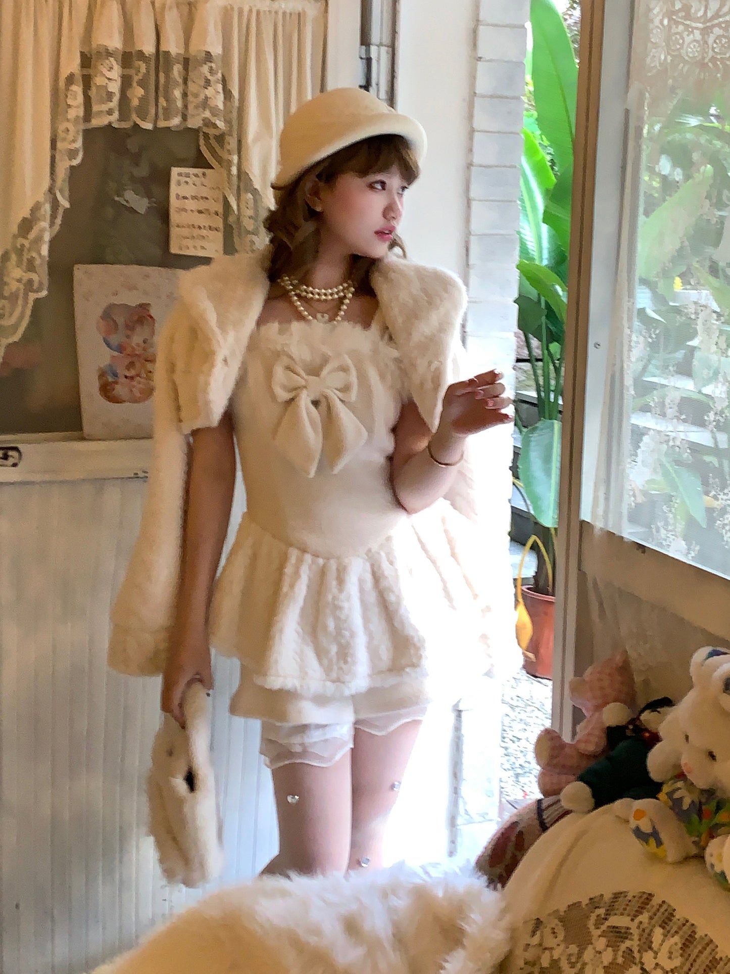 Picnic Girl Winter White Bow Strap Dress & Little Fur Jacket Two Piece Set